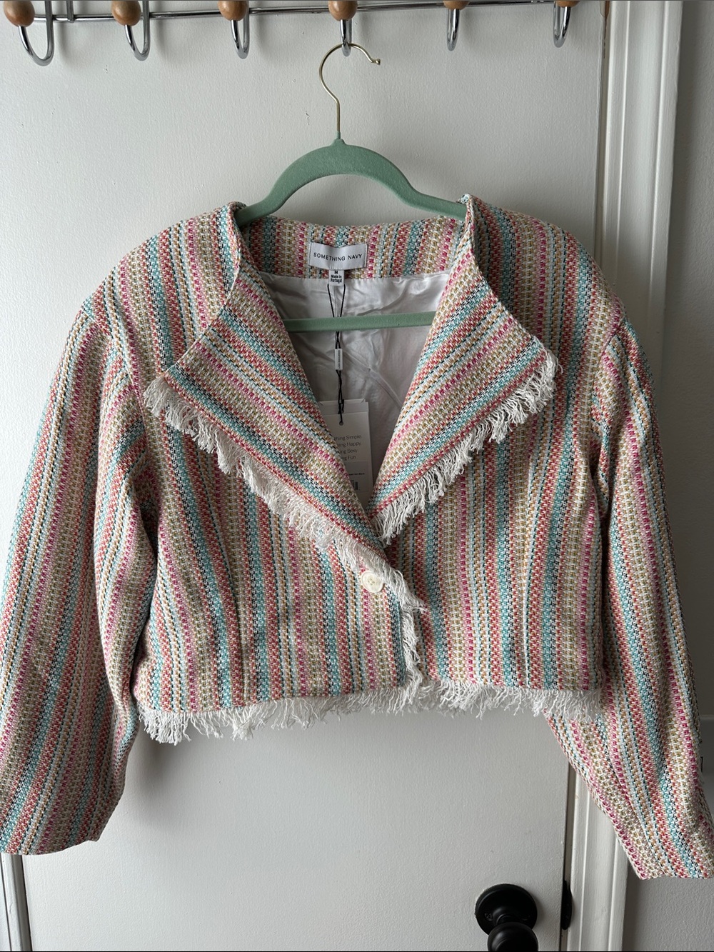 Cropped Multicolor Fringe Tweed Jacket - Pastel Stripe Something Navy brand